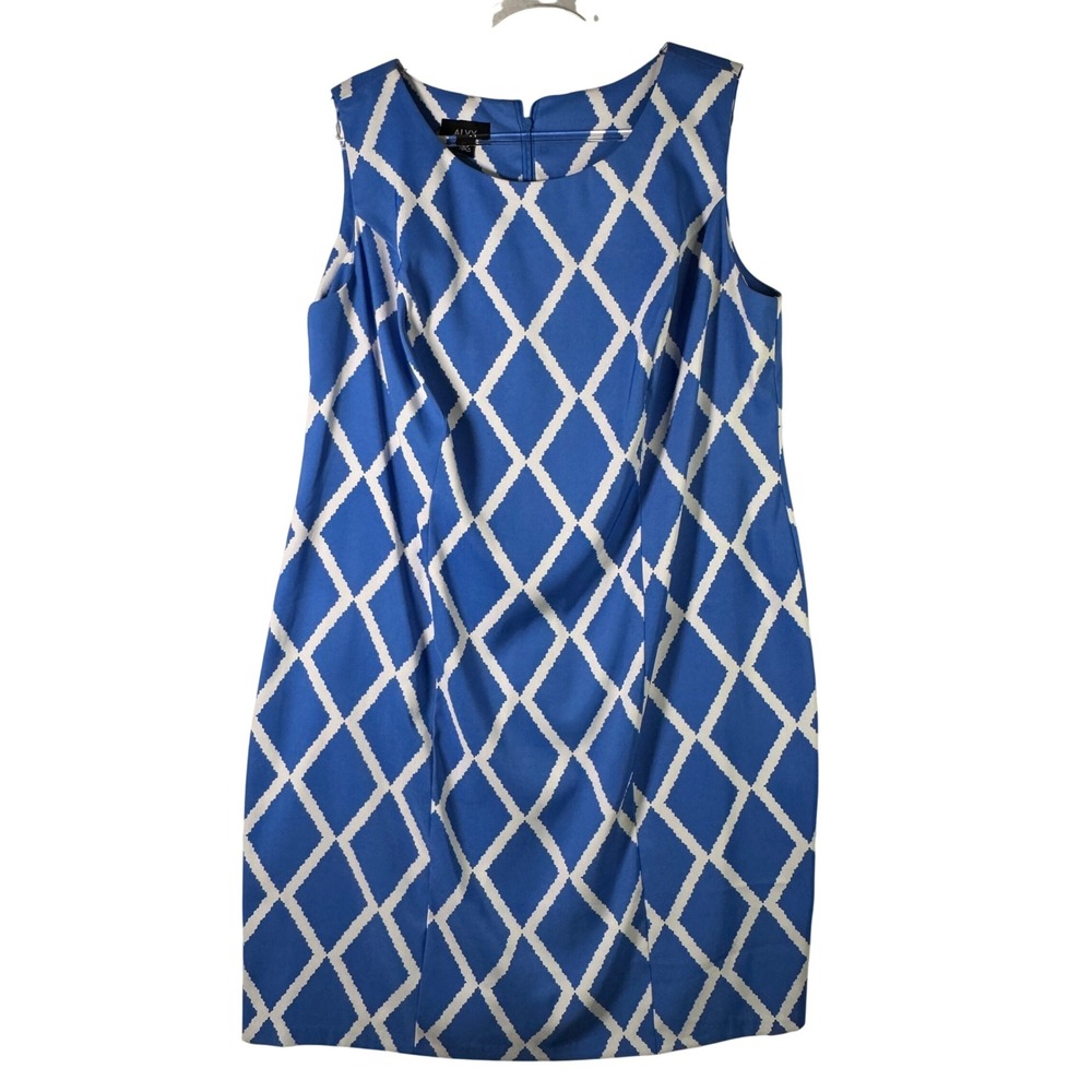Alyx Sleeveless Sheath Dress Blue White Diamond Geometric Print Stretch 16W‎